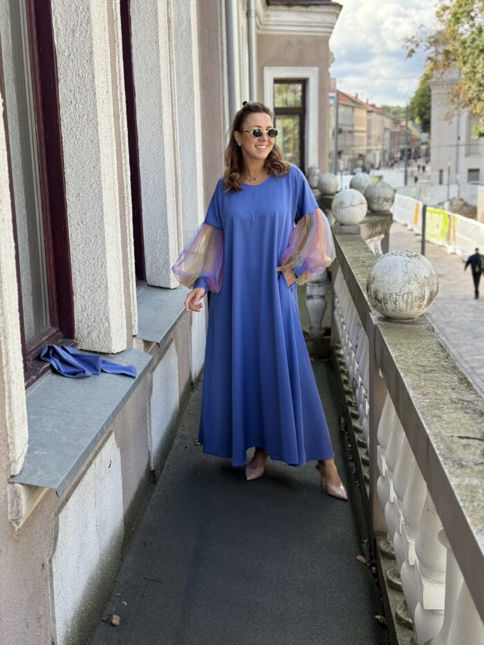 Mėlyna suknelė su tiulio rankovėm M/L dydis